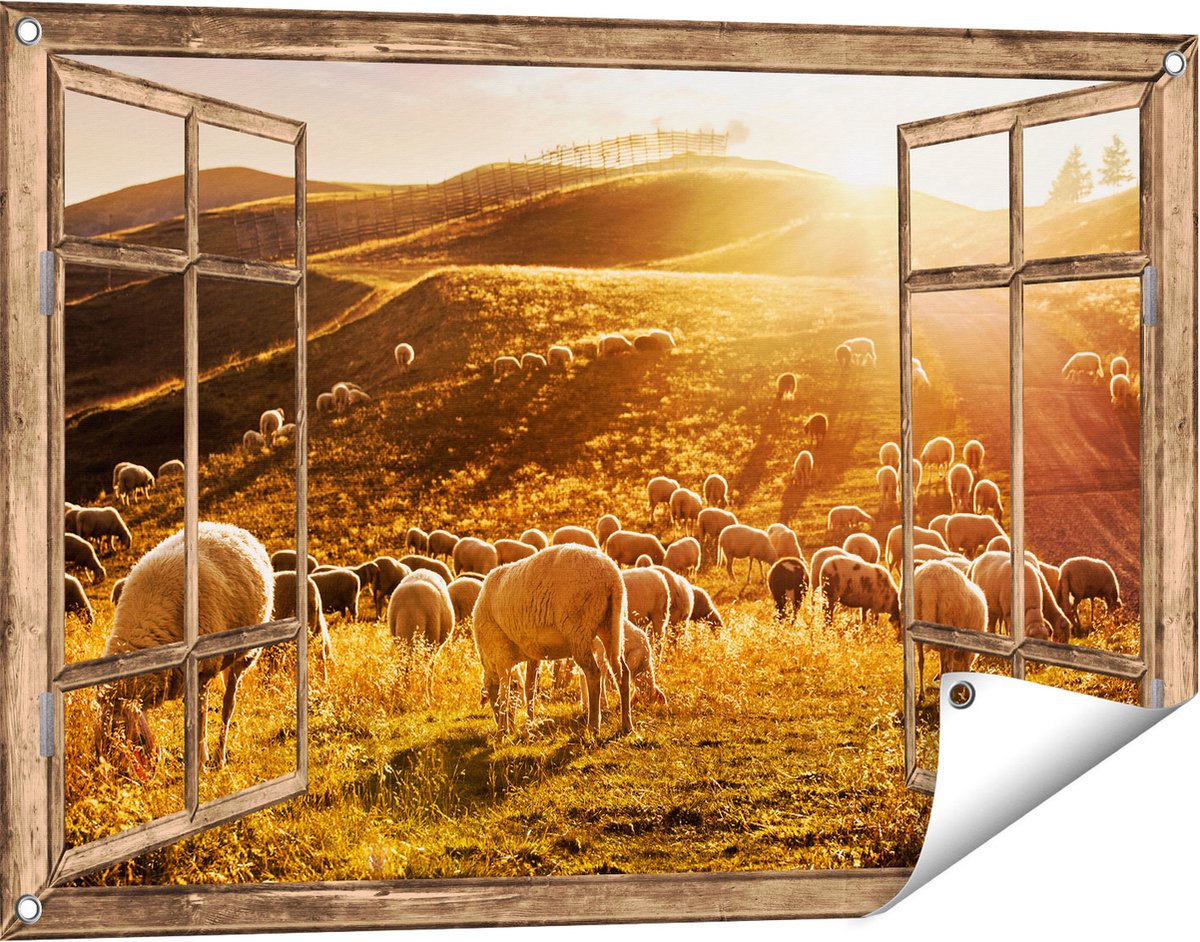 Gards Tuinposter Doorkijk Schapen in de Heuvels bij Zonsondergang - 90x60 cm - Tuindoek - Tuindecoratie - Wanddecoratie buiten - Tuinschilderij Licht bruin