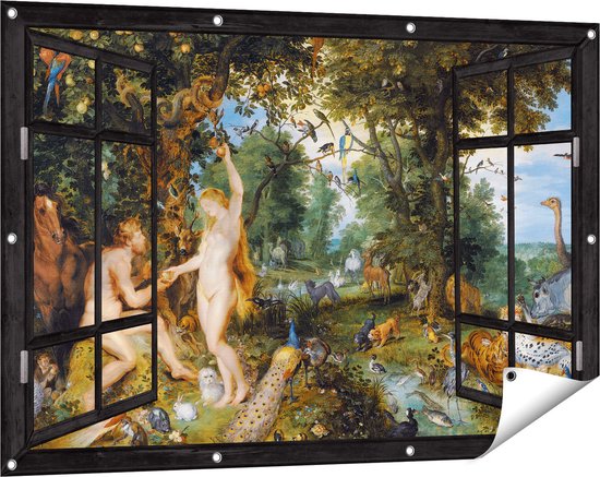Gards Tuinposter Doorkijk Het Aardse Paradijs met de Zondeval van Adam en Eva - Jan Brueghel - 120x80 cm - Tuindoek - Tuindecoratie - Wanddecoratie buiten - Tuinschilderij