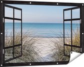 Gards Tuinposter Doorkijk Strand en Zee vanuit de Duinen - 120x80 cm - Tuindoek - Tuindecoratie - Wanddecoratie buiten - Tuinschilderij