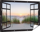 Gards Tuinposter Doorkijk Zee vanuit Duinen met Zonsondergang - 120x80 cm - Tuindoek - Tuindecoratie - Wanddecoratie buiten - Tuinschilderij
