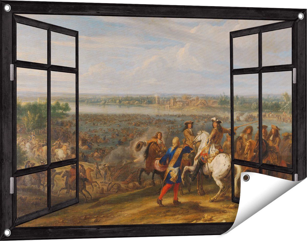 Gards Tuinposter Doorkijk Lodewijk XIV trekt bij Lobith Nederland binnen - Adam Frans van der Meulen - 90x60 cm - Tuindoek - Tuindecoratie - Wanddecoratie buiten - Tuinschilderij Zwart