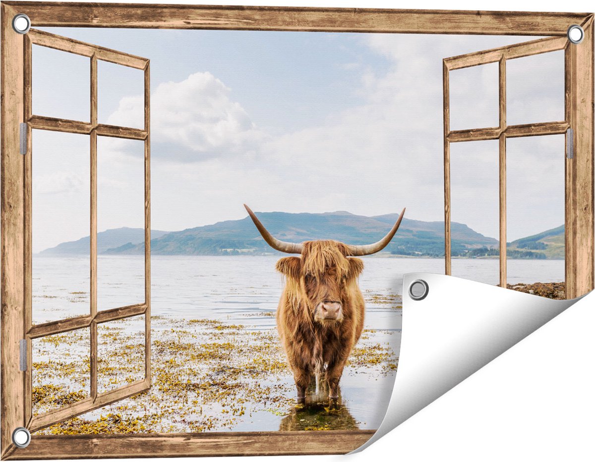 Gards Tuinposter Doorkijk Voetpad naar Strand en Zee - 60x40 cm - Tuindoek - Tuindecoratie - Wanddecoratie buiten - Tuinschilderij Licht bruin