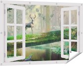 Gards Tuinposter Doorkijk Hert in het Bos op een Boom - 120x80 cm - Tuindoek - Tuindecoratie - Wanddecoratie buiten - Tuinschilderij