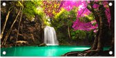 Tuinposter waterval - Bomen - Bladeren - Roze - Natuur - Tuinschilderij voor buiten - Tuindecoratie - Schutting decoratie - 60x30 cm - Tuin - Tuindoek - Schuttingdoek - Tuinposters