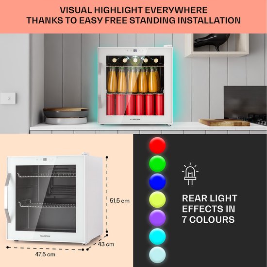 Klarstein Mini Koelkast met Glazen Deur, Kleine Stille Mini Koelkast voor Kamer & Tuin, Indoor/Outdoor Drankkoelkast met IoT/App-bediening, Koelkast voor Cosmetica & Dranken, 5–18 °C, 47 L van Klarstein — afbeelding 5