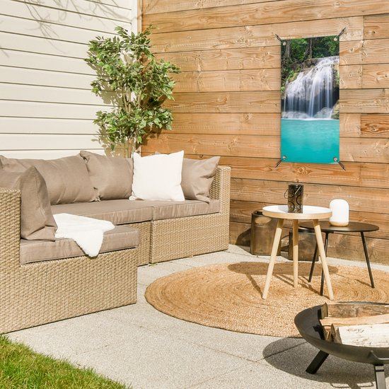 Tuinposter - Waterval - Water - Natuur - Steen - Bomen - 30x60 cm - Tuindoek - Schuttingposter - Tuinposter waterval