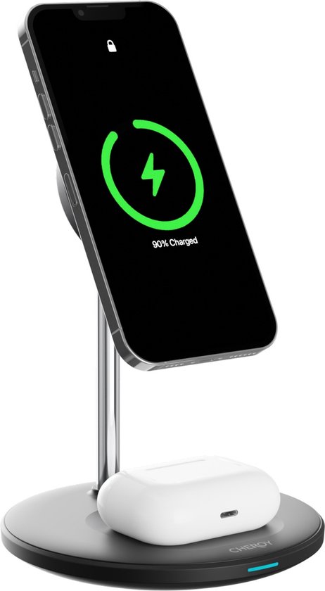 Chéroy PowerDuo - 2 in 1 Draadloze Oplader - Zwart - 15W Qi Oplaadstation - Geschikt voor MagSafe iPhone & AirPods - iOS & Android