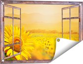Gards Tuinposter Doorkijk Zonnebloemen Veld met Zonopkomst - 60x40 cm - Tuindoek - Tuindecoratie - Wanddecoratie buiten - Tuinschilderij