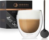 Jodora - Set van 4 Dubbelwandige/thermische koffieglazen 250 ml met 4x zwarte RVS lepel -geschenkdoos