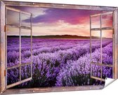 Gards Tuinposter Doorkijk Bloemenveld met Paarse Lavendel - Bloemen - 180x120 cm - Tuindoek - Tuindecoratie - Wanddecoratie buiten - Tuinschilderij
