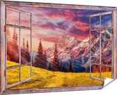 Gards Tuinposter Doorkijk Alpen Landschap met een Kleurrijke Hemel - 180x120 cm - Tuindoek - Tuindecoratie - Wanddecoratie buiten - Tuinschilderij