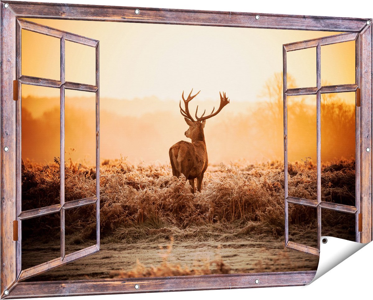 Gards Tuinposter Doorkijk Hert in de Wei tijdens de Zonsopkomst - 150x100 cm - Tuindoek - Tuindecoratie - Wanddecoratie buiten - Tuinschilderij bruin