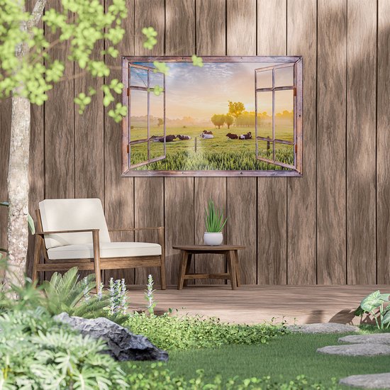 Gards Tuinposter Doorkijk Koeien in de Wei tijdens Zonsopgang - 120x80 cm - Tuindoek - Tuindecoratie - Wanddecoratie buiten - Tuinschilderij