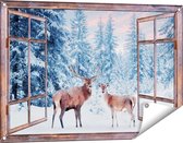 Gards Tuinposter Doorkijk Twee Herten in het Bos met Sneeuw - 90x60 cm - Tuindoek - Tuindecoratie - Wanddecoratie buiten - Tuinschilderij