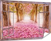 Gards Tuinposter Doorkijk Romantische Bomen Tunnel met Roze Anjers - 150x100 cm - Tuindoek - Tuindecoratie - Wanddecoratie buiten - Tuinschilderij