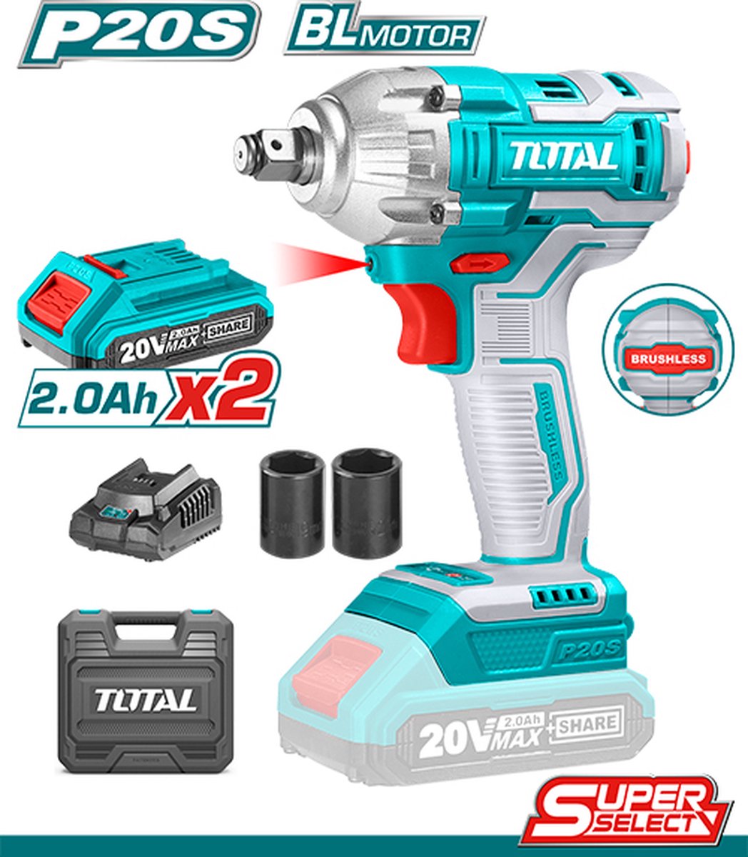 Slagmoersleutel - Lithium ion 2,0ah 20V - 0-2300rpm 300NM - Inclusief 2x accu, 1x lader & opbergkoffer