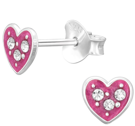 Joy|S - Zilveren petit hartje oorbellen - 5 mm - roze - kristal - kinderoorbellen