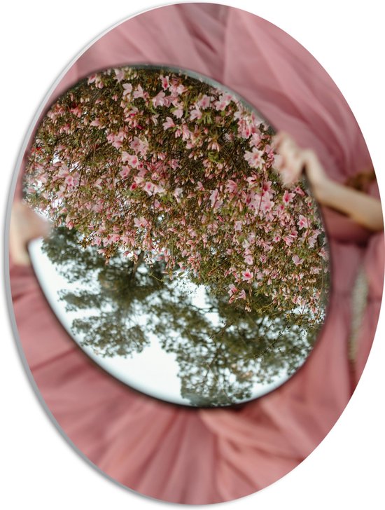 PVC Schuimplaat Ovaal - Bloesemstruik in Spiegel in Handen van Vrouw in Roze Jurk - 30x40 cm Foto op Ovaal (Met Ophangsysteem)