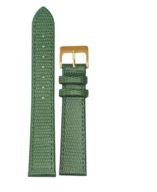 Horlogeband-horlogebandje-16mm-groen -croco-lizard print-echt leer-plat-goudkleurige gesp-leer-16 mm