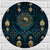 Muursticker Cirkel - Blauwe Houten Deur met Gouden Details - 50x50 cm Foto op Muursticker