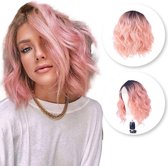 Perruque Rose Front Lace Wig - Bob - Cheveux Ondulés - Ajustable - Perruques Femme - Rose - 30 cm