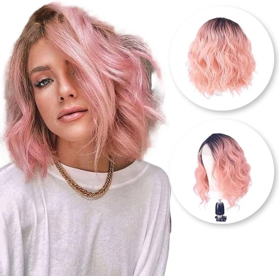 Luxe Pruik Front Lace Wig - Pruiken Dames - Haarwerk - Roze - 30 cm
