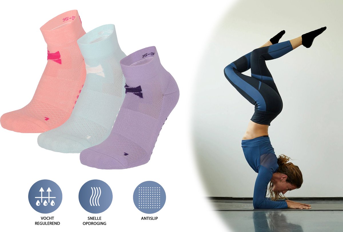 Comfort Essentials - Antislip Sokken Dames - Yoga Sokken Antislip Dames - 3 Paar - Pastel Kleuren - Maat 39-42 - Huissokken - Huissokken - Pilates Sokken - Sportsokken Dames - Gripsokken Voetbal - Grip Socks