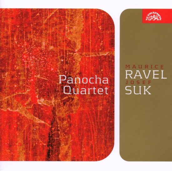 CD-hoes met een rode, textuurrijke voorkant en een gouden achterkant met de namen 'MAURICE RAVEL', 'JOSEF SUK' en 'Panocha Quartet'.