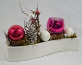 ZoeZo Design - kerststukje - kerststuk - kerstdecoratie - kerstversiering - met waxinelichtjeshouder - aardewerk potje - wit - pink - 26x17x7 cm