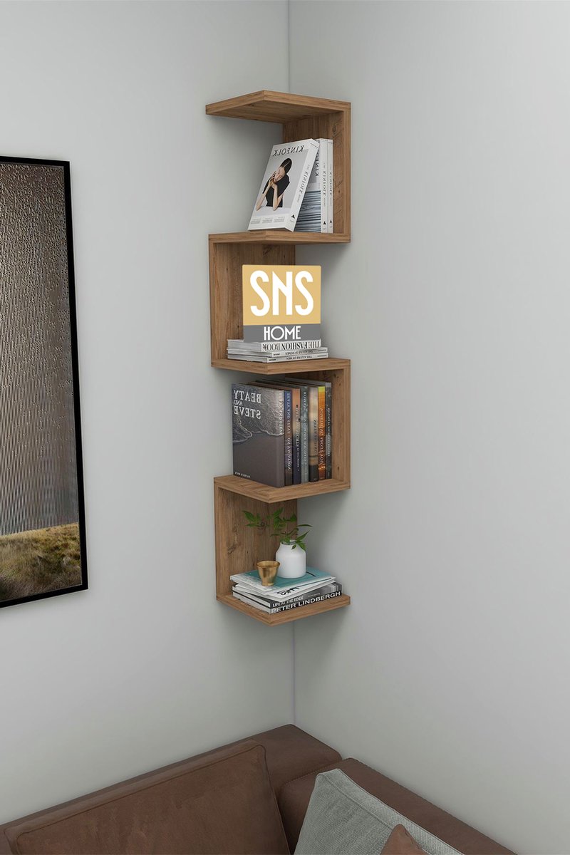 SNS Home - Wandrek - ZigZag - Design Boekenkast - Hoekkast Zigzag Boekenkast - Hoek Boekenkast - Wandplank - Decoratieve Plank - 5 Planken - 5 Secties - Pijnboom
