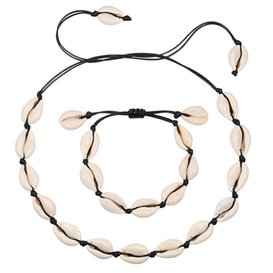 Fako Bijoux® - Collier & Bracelet Coquillage - Choker - Set - Sans Noeud - Zwart