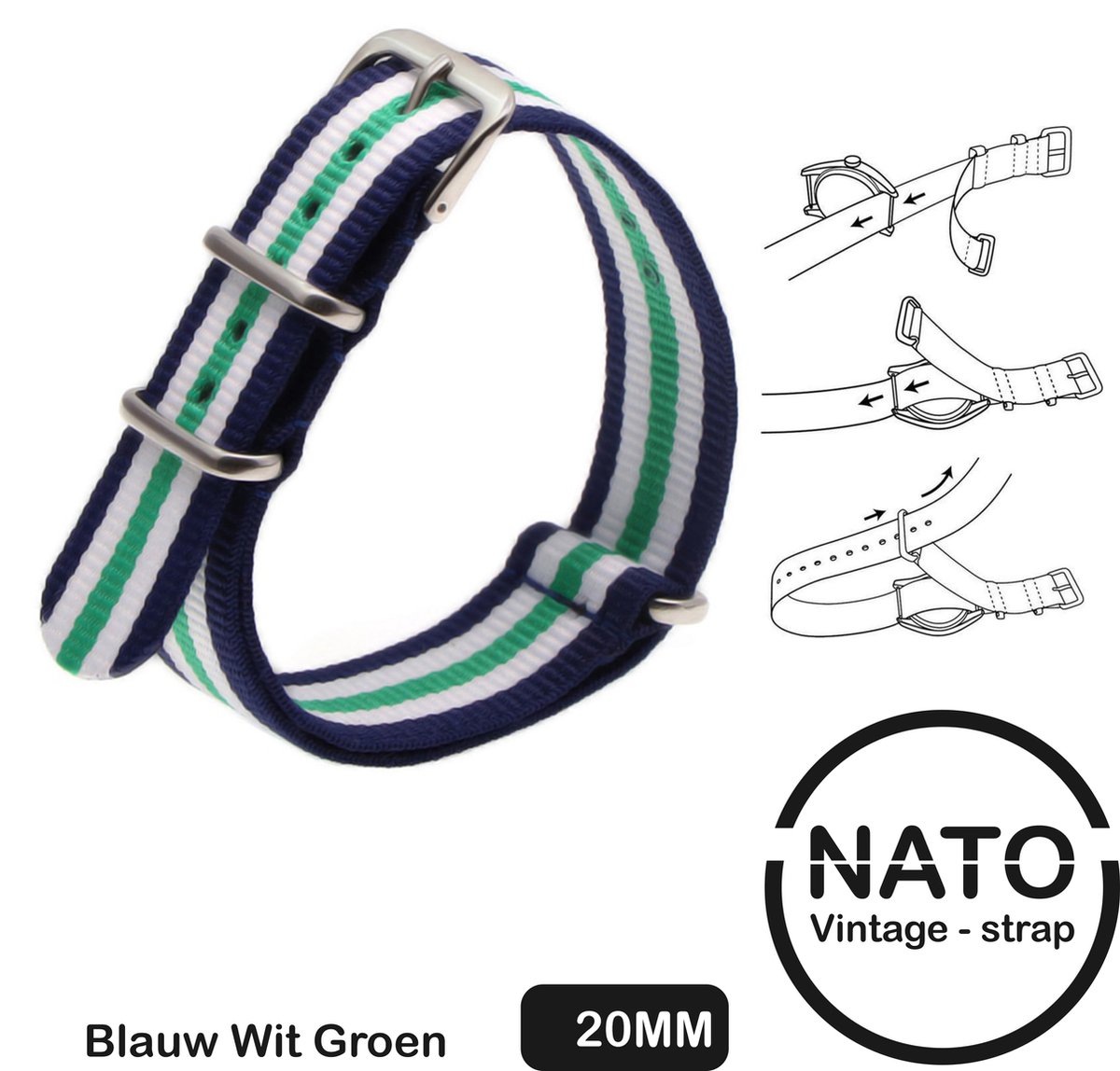 20mm Nato Strap Blauw met Groene en Witte streep - Vintage James Bond - Nato Strap collectie - Mannen - Horlogebanden - Blue Green - 20 mm bandbreedte voor oa. Seiko Rolex Omega Casio en Citizen
