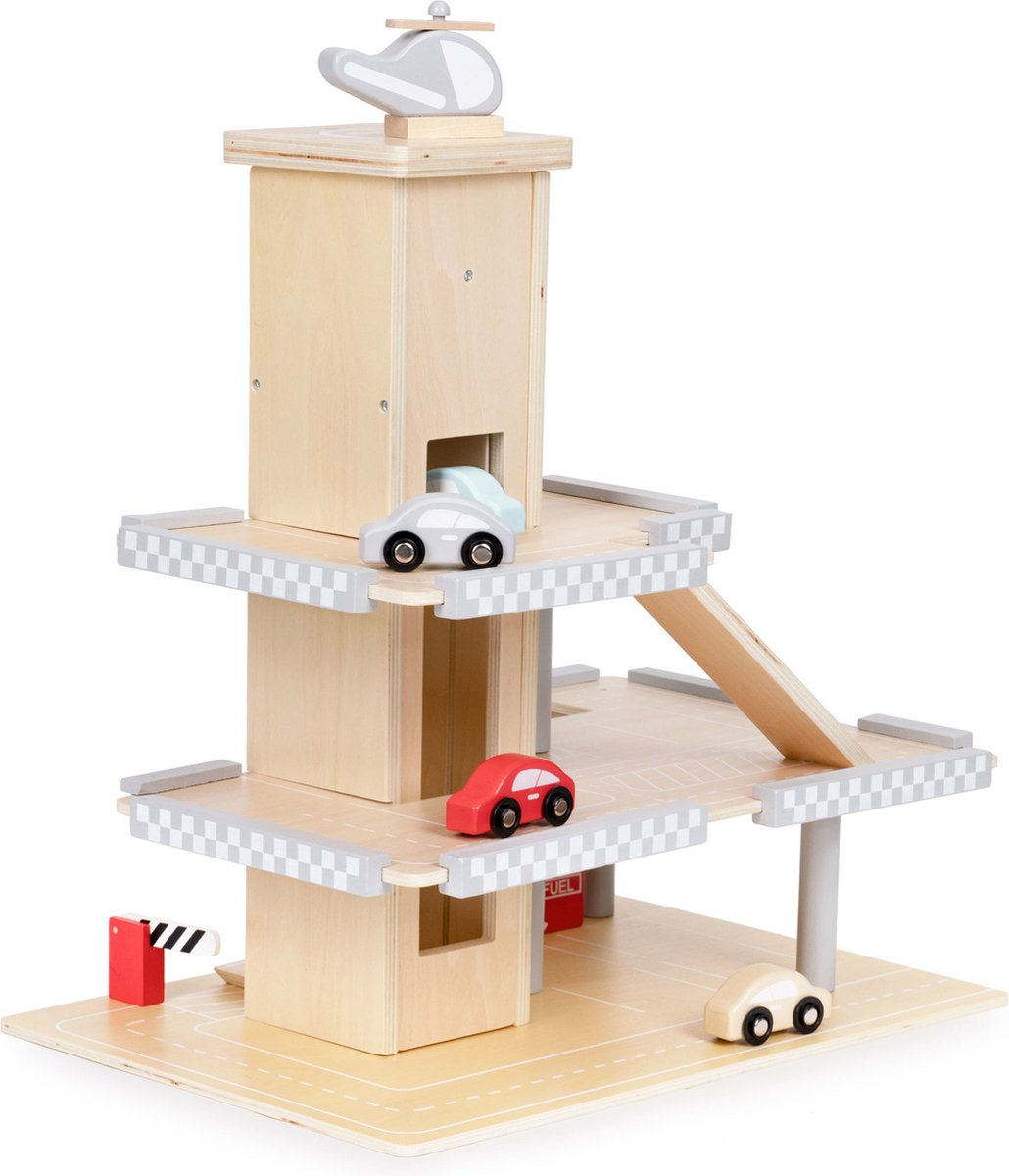 Speelgoed garage - hout - met lift en voertuigen - 43x29,5x44cm