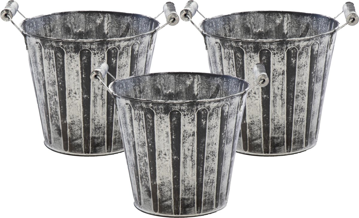 Goedkoopste Mega Collections Emmer/plantenpot/bloempot - 3x - zink - antraciet/grijs - D11 x H10 cm