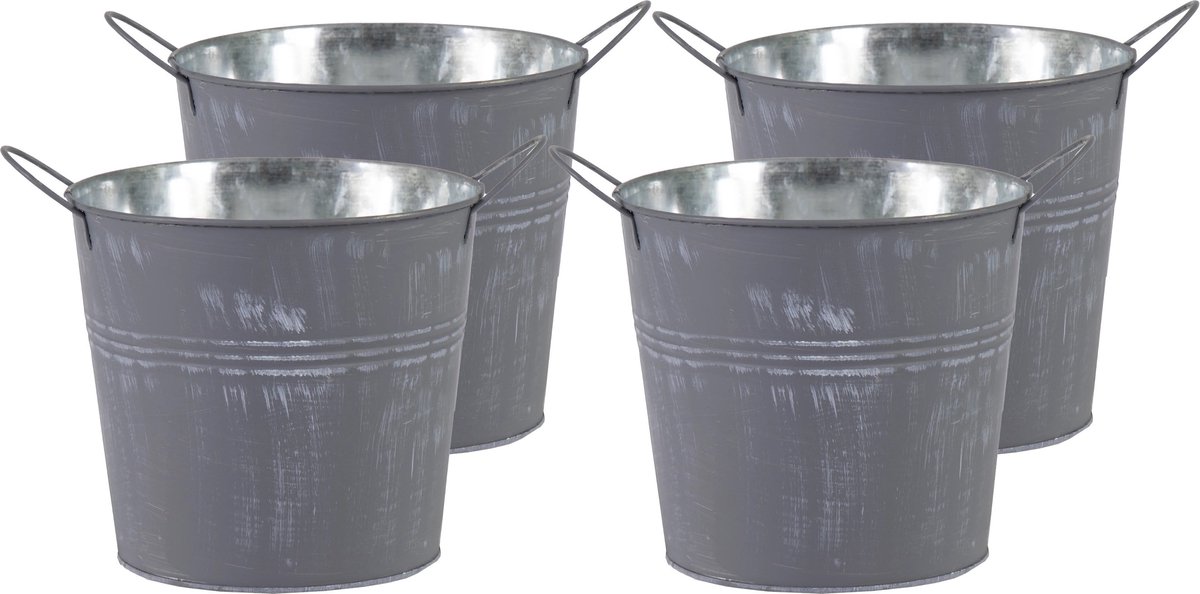 Goedkoopste Mega Collections Emmer/plantenpot/bloempot - 4x - zink - zilvergrijs - D16 x H14 cm