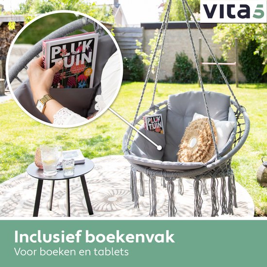 Vita5 Macramé Hangstoel - Voor Binnen en Buiten - Zonder Standaard - Incl. Kussen, Boekenvak en Beschermhoes - Tot 150kg - Grijs