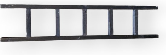 Een donkergrijze houten ladder liggend, met 5 treden, op een witte achtergrond.
