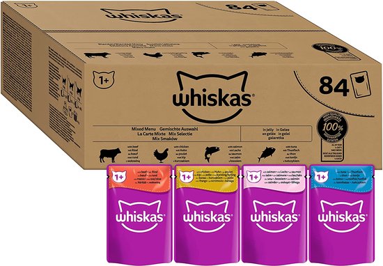Whiskas Natvoer: 15x Echt Pure Kattenliefde 15 Whiskas Adult 1+ Wet Cat Food Mixed Selection in Jelly, 84 Portion Bags, 84x85g (1 Bulk Pack) - Hoge kwaliteit nat kattenvoer voor volwassen katten.
