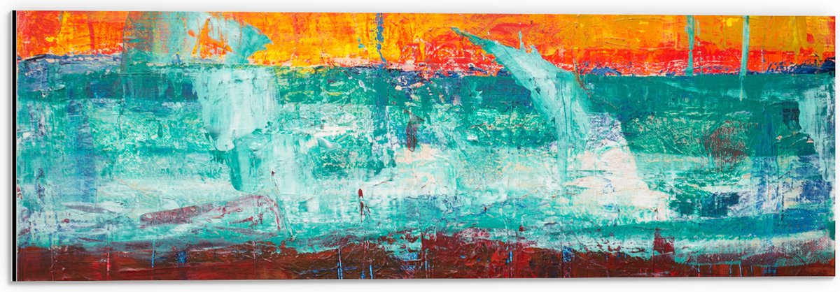 Dibond - Drie Vakken Verf in Oranje, Blauw en Bruin - 60x20 cm Foto op Aluminium (Wanddecoratie van metaal)