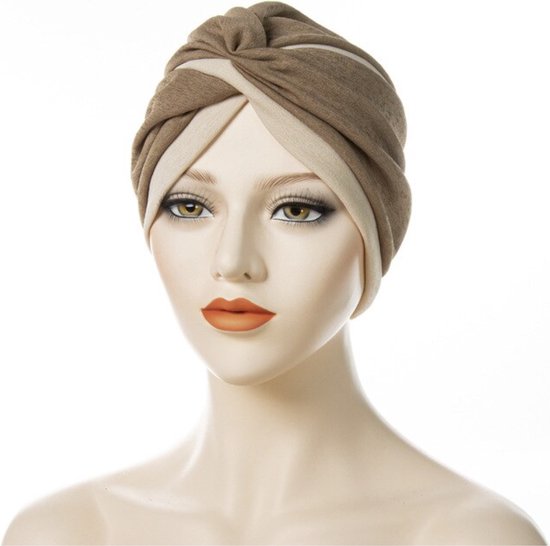 Cabantis 2 color Hijab - Hoofddeksel - Islamitisch - Tulband - Muts - Chemo - Beige & Bruin