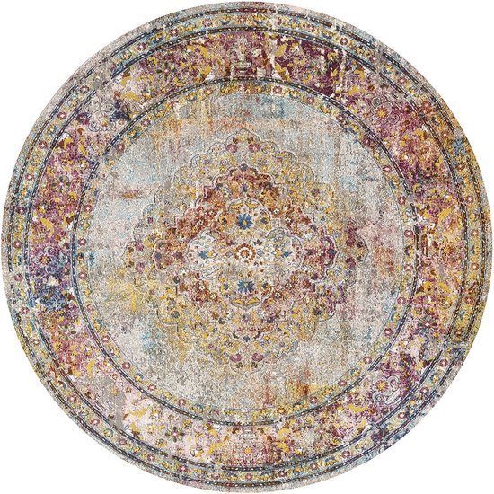 Tapijtenloods Picasso Keshan Vintage Rond Vloerkleed Multi / Beige Laagpolig- 160 CM ROND