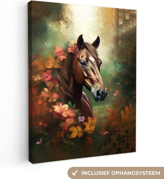 Canvas Schilderij Paard - Bloemen - Natuur - Dieren - Bos - Oranje - 30x40 cm - Wanddecoratie