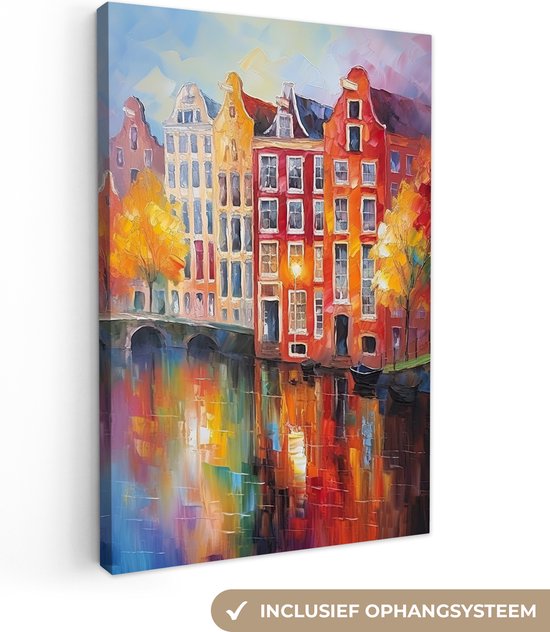 Canvas Schilderij Grachtenpanden - Kunst - Schilderij - Amsterdam - 20x30 cm - Wanddecoratie
