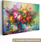 Canvas Schilderij Bloemen - Kleurrijk - Bloempot - Olieverf - 90x60 cm - Wanddecoratie