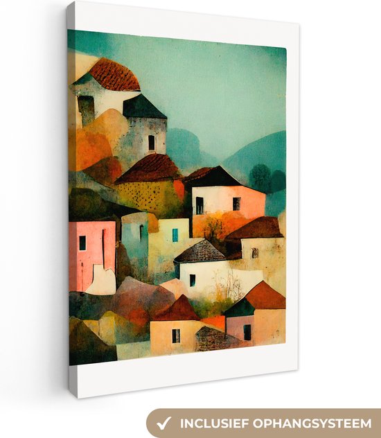 Canvas Schilderij Italië - Architectuur - Dorp - Pastel - Kunst - 80x120 cm - Wanddecoratie