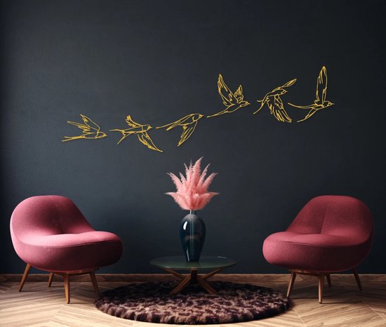 Prachtige metalen vogels wanddecoratie met 3D effect! 176 x 45 cm Goud