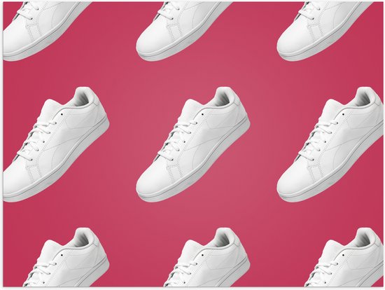 Poster Glanzend – Patroon van Witte Sneakers tegen Roze Achtergrond - 40x30 cm Foto op Posterpapier met Glanzende Afwerking