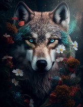 AI - Woondecoratie - Poster - Dieren - Wolf - Bloemen en jungle - 8 - 30 x 40 cm