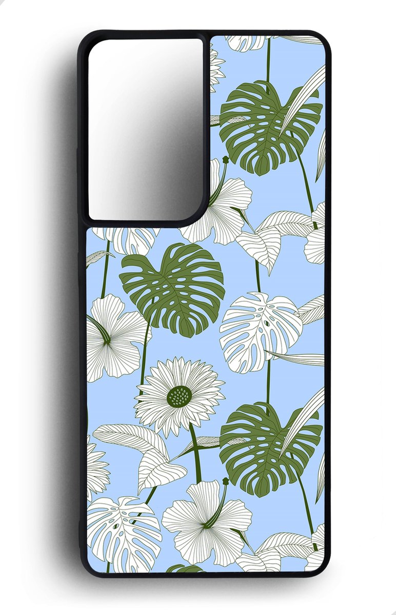 Ako Design Samsung Galaxy S21 Ultra hoesje - Tropische plant en bloemen - blauw - Hoogglans - TPU Rubber telefoonhoesje - hard backcover