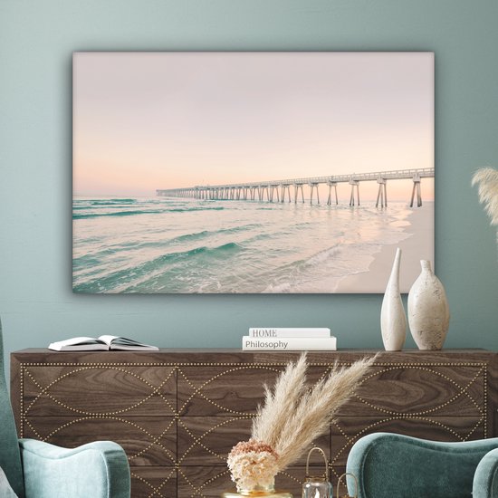 Tableau sur toile - Mer - Plage - Pont - Soir - Coucher de soleil - Peintures sur toile - Canvasdoek - Photo sur toile - Décoration salon - Chambre - Décoration murale - 120x80 cm - Toile toile - Décoration chambre